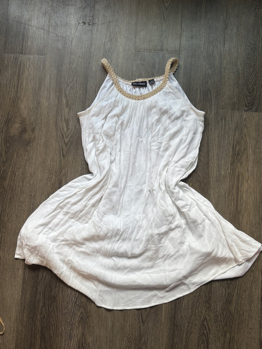 Nina Leonard White Linen Mini Dress | Gold Trim | L